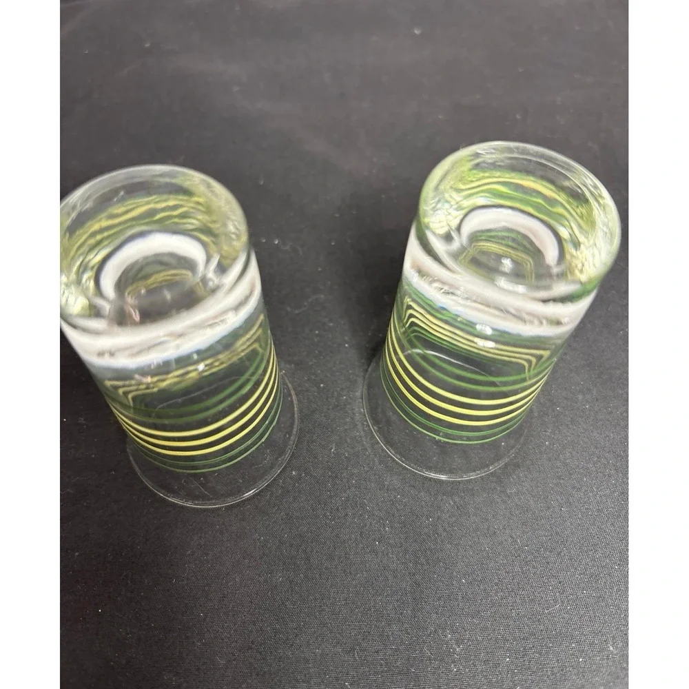 Set of 2 Vintage Green Striped Shot Glasses ~ Weighted Bottom ~ 2 7/8